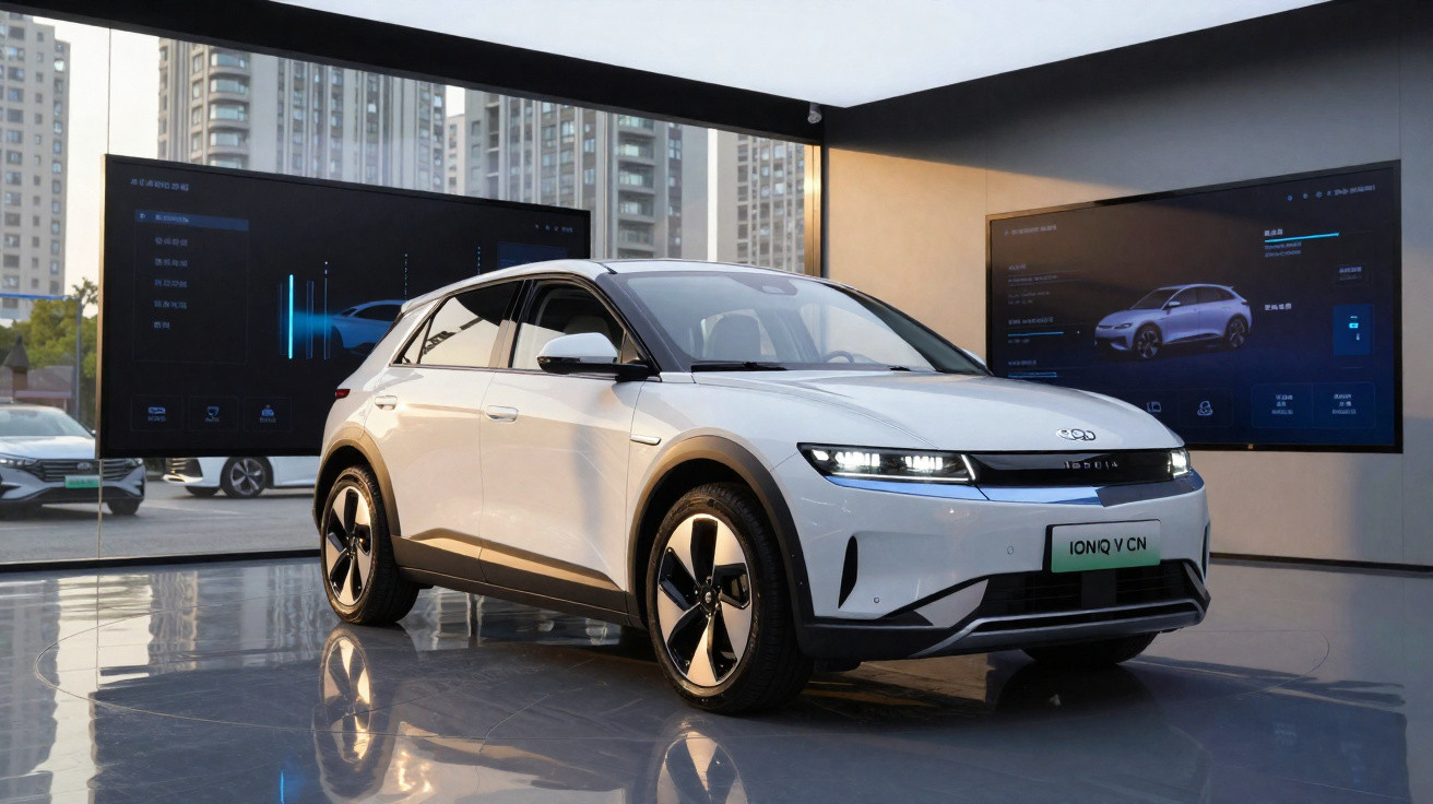 Carro elétrico branco Hyundai Ioniq 5 V CN exposto em salão moderno com painel digital ao fundo.