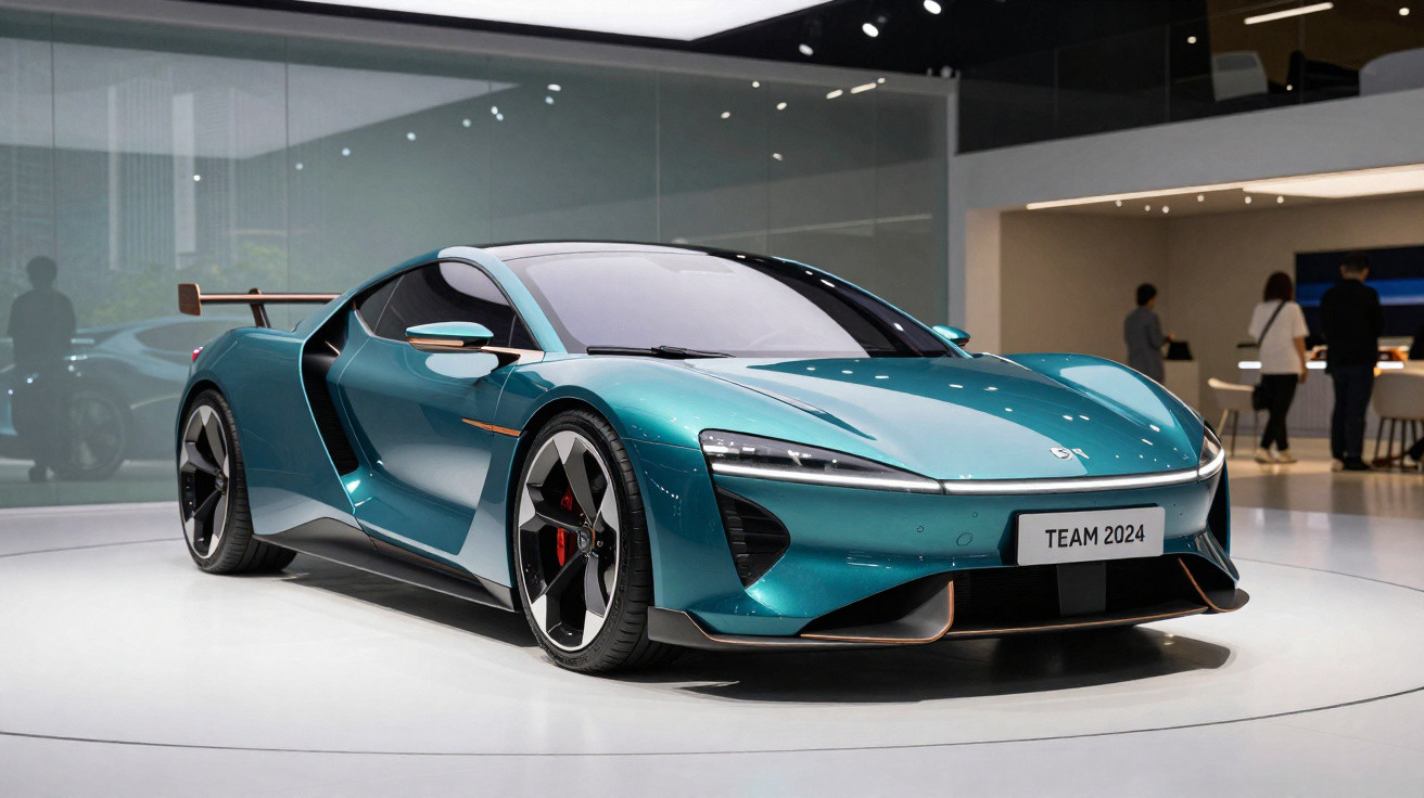 Carro esportivo verde metálico em exposição, com design aerodinâmico e rodas grandes, placa "TEAM 2024".