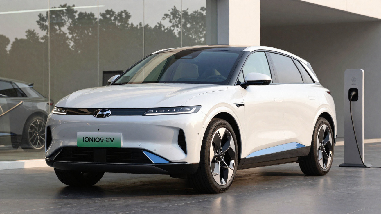 Carro elétrico branco Hyundai Ioniq 5 estacionado em garagem com estação de carregamento.
