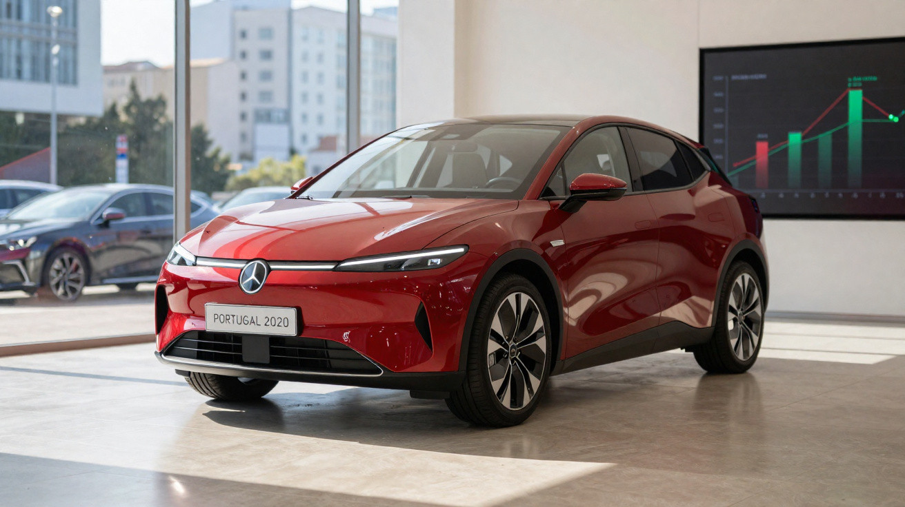 Carro elétrico vermelho moderno exposto em showroom com grande janela e gráficos digitais ao fundo.