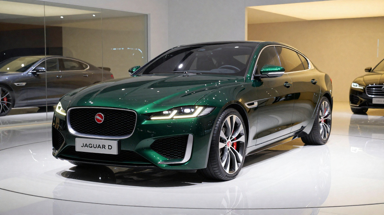 Carro esportivo Jaguar verde escuro exibido em salão de automóveis moderno e iluminado.