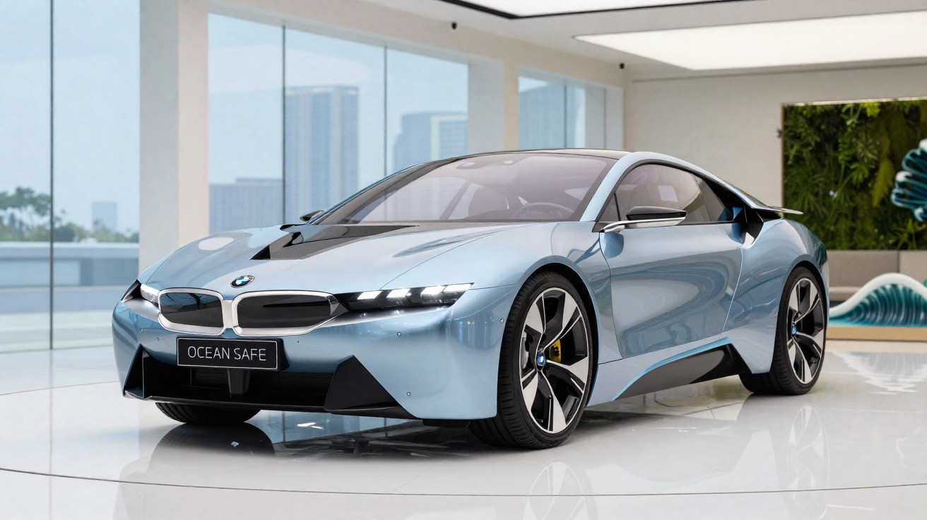 Carro esportivo BMW prata em exposição interna com placa "OCEAN SAFE" e detalhes modernos.