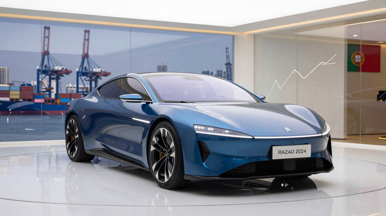 Carro esportivo elétrico azul modelo Razão 2024 exibido em showroom moderno com vista para o mar.