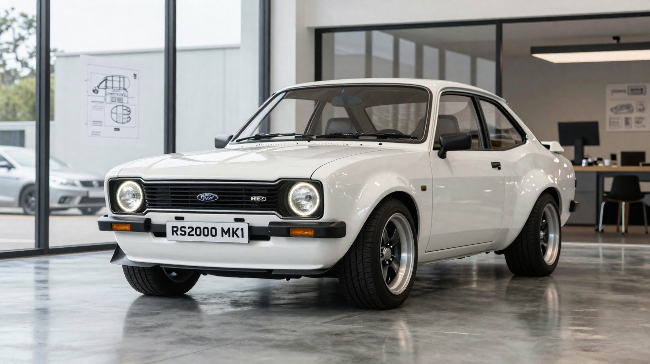 Carro esportivo Ford Escort RS2000 MK1 branco estacionado em showroom moderno com piso refletivo.