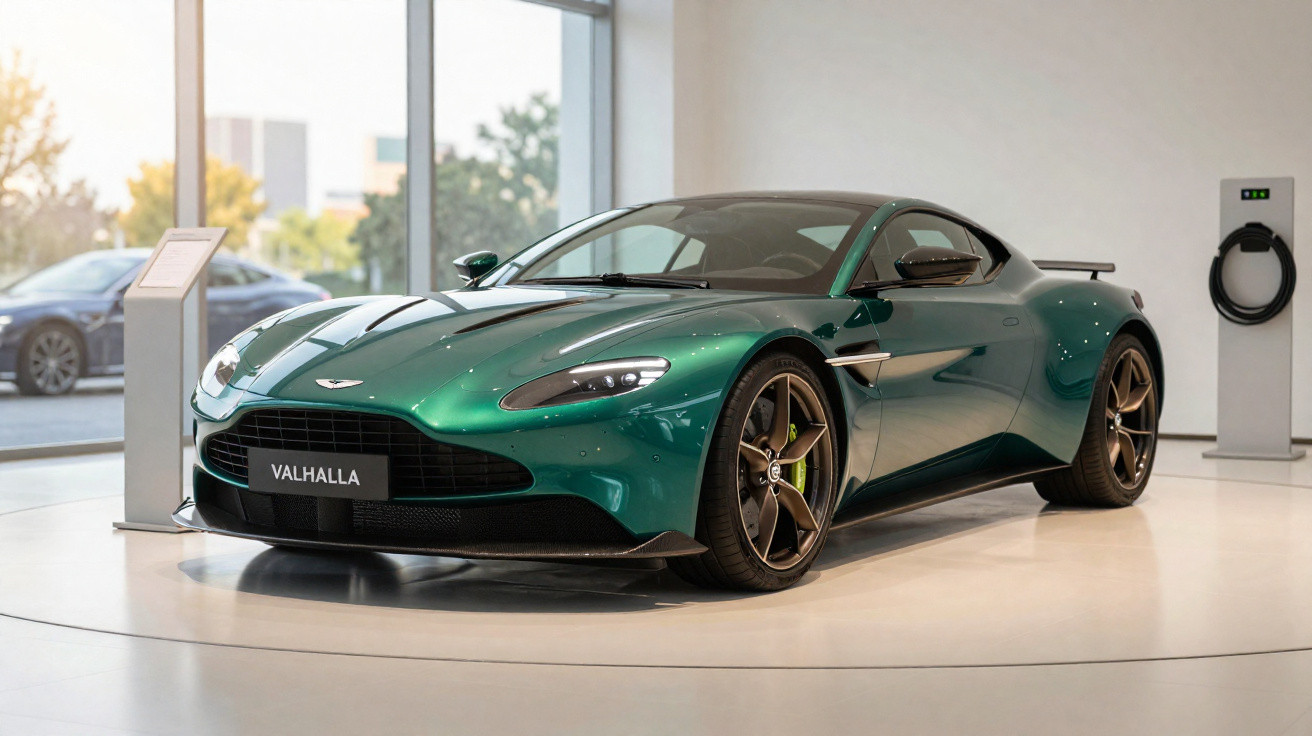Carro esportivo verde Aston Martin Valhalla exibido em showroom moderno e iluminado.