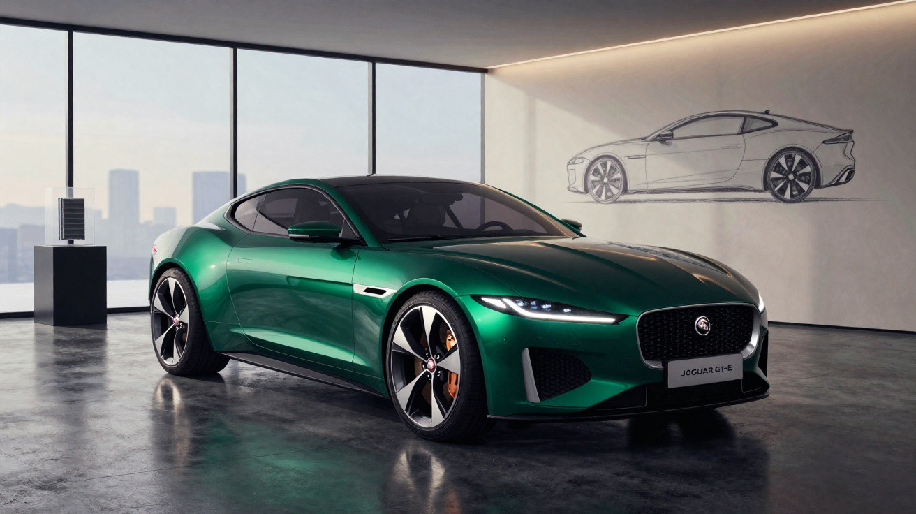Carro esportivo verde Jaguar GT-R em ambiente interno moderno com grande janela e esboço do carro na parede.
