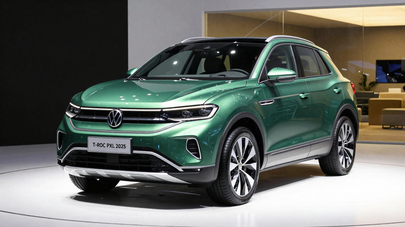 Carro SUV Volkswagen T-Roc PXL 2025 verde exibido em estande com fundo escuro.