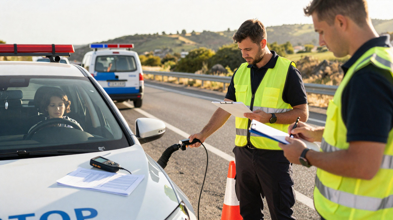Dois agentes de trânsito com coletes amarelos realizando teste de etilômetro em mulher dentro de carro na estrada.
