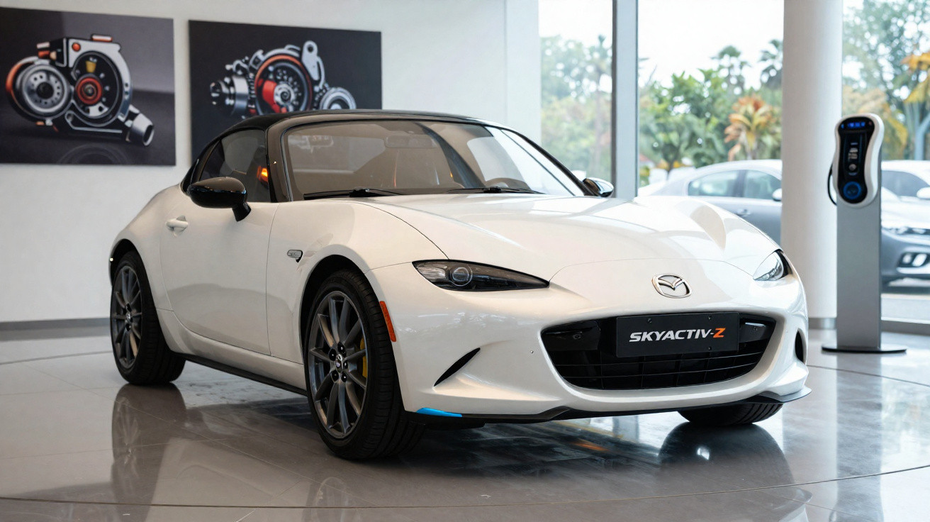 Carro esportivo branco Mazda MX-5 Miata Skyactiv-Z em exposição dentro de showroom moderno.
