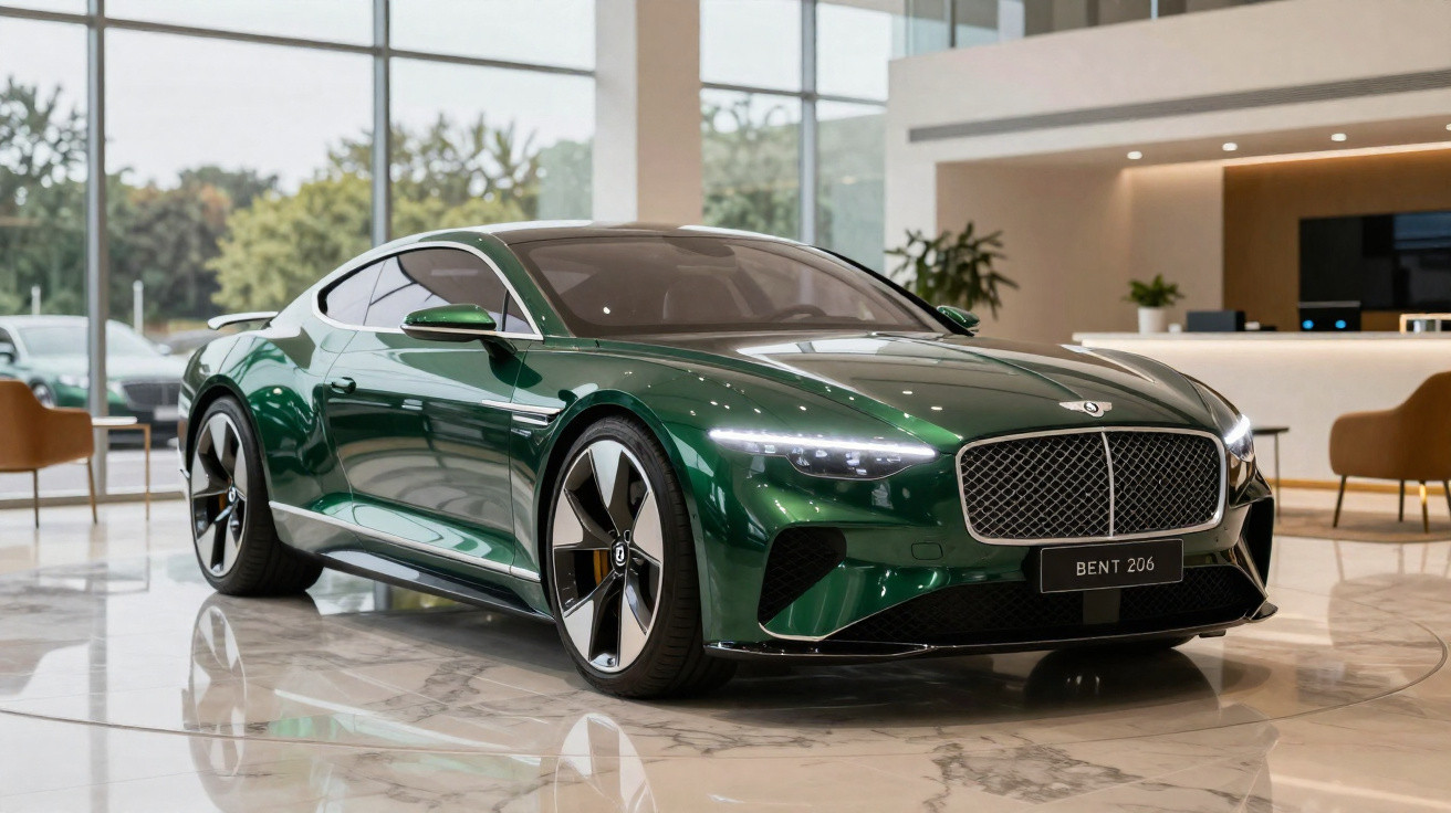 Carro esportivo verde escuro Bentley novo modelo 2026 exibido em salão moderno com piso de mármore.