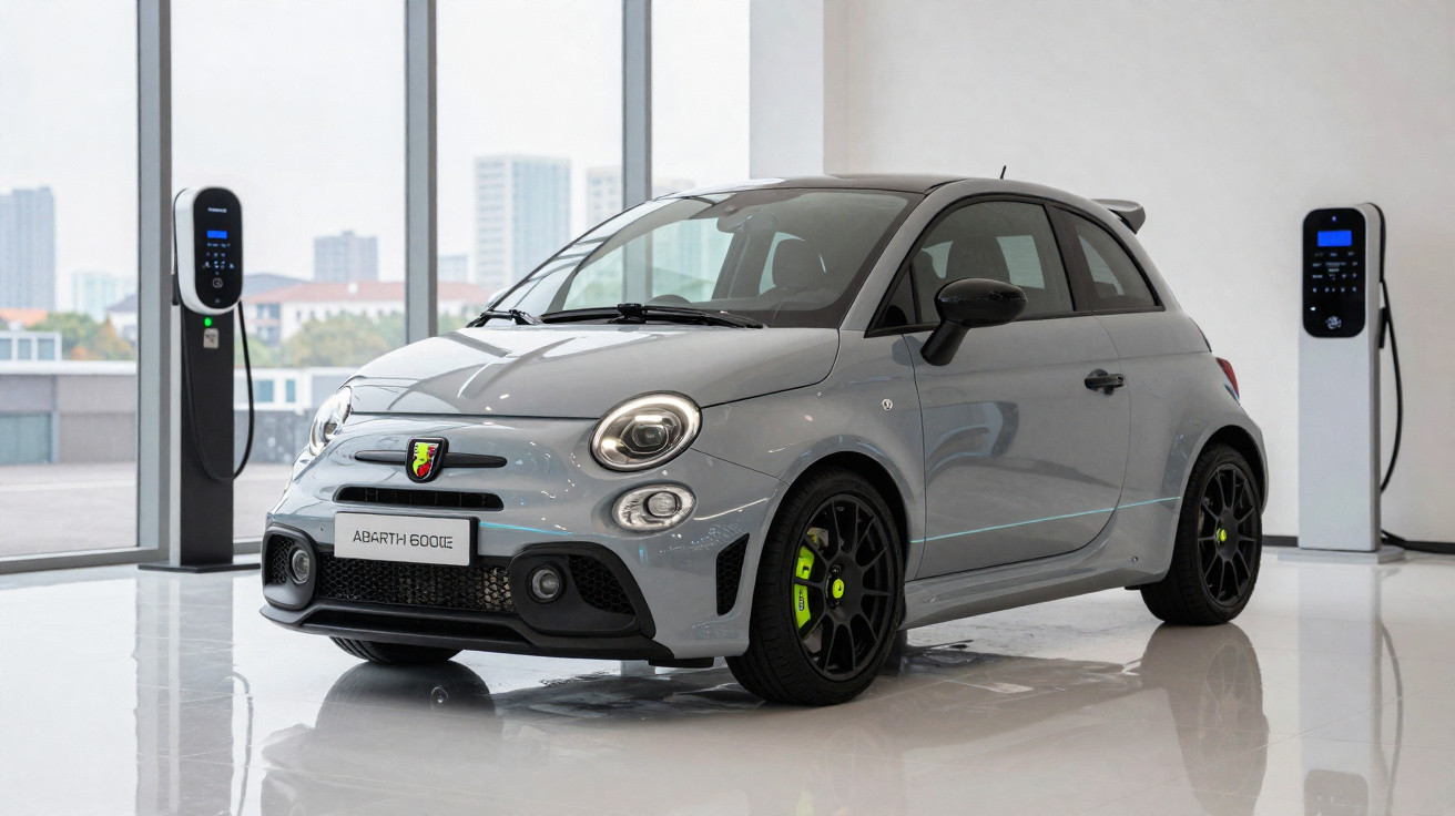 Carro esportivo cinza Abarth 600E estacionado em ambiente moderno com carregadores de veículos elétricos ao fundo.