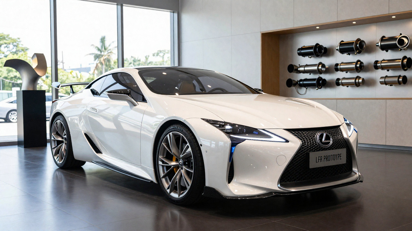Carro esportivo branco Lexus LFR Prototype exibido em showroom moderno com janelas amplas.