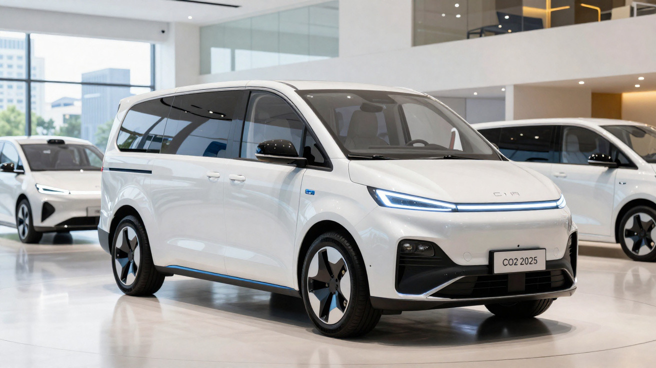 Van elétrica branca modelo CO2 2025 em exposição em showroom moderno e iluminado.