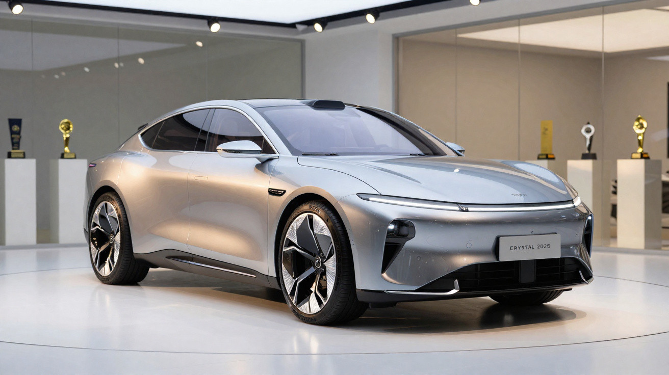 Carro elétrico prata Crystal 2025 exposto em ambiente moderno com troféus ao fundo.
