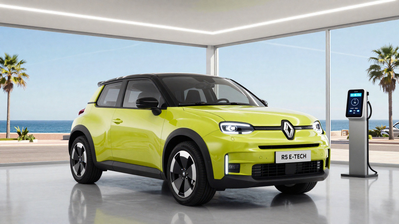 Carro elétrico Renault R5 E-TECH verde em showroom moderno com vista para o mar e estação de recarga elétrica.