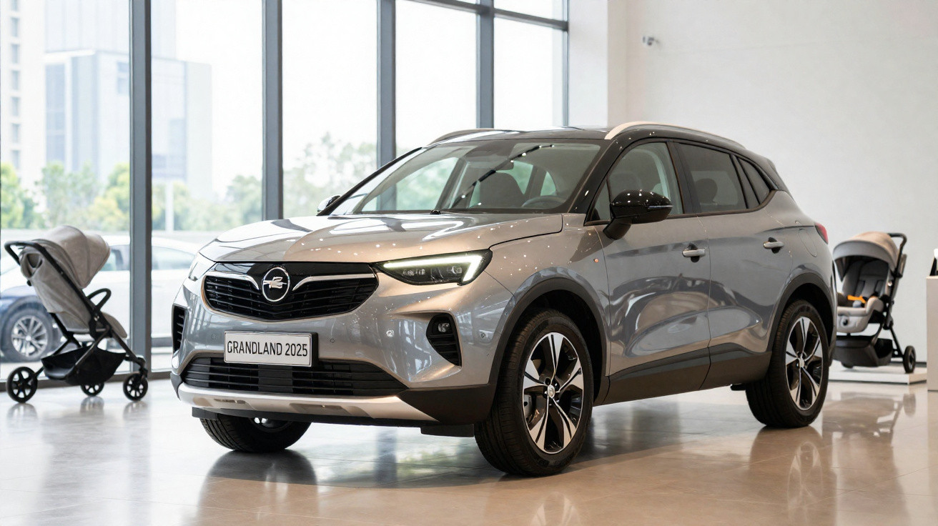 SUV prata Grandland 2025 em showroom com carrinhos de bebê ao fundo, refletindo no piso brilhante.