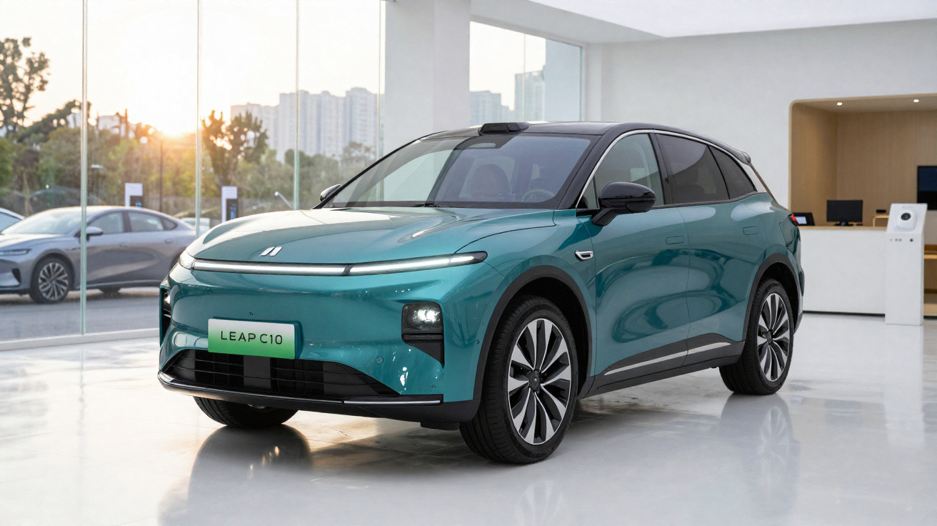 Carro elétrico verde metálico LEAP C10 exibido em showroom com vidro e prédios ao fundo.