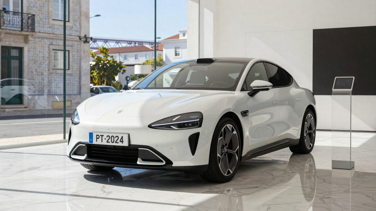Carro esportivo elétrico branco exibido em showroom moderno com piso de mármore e grandes janelas.