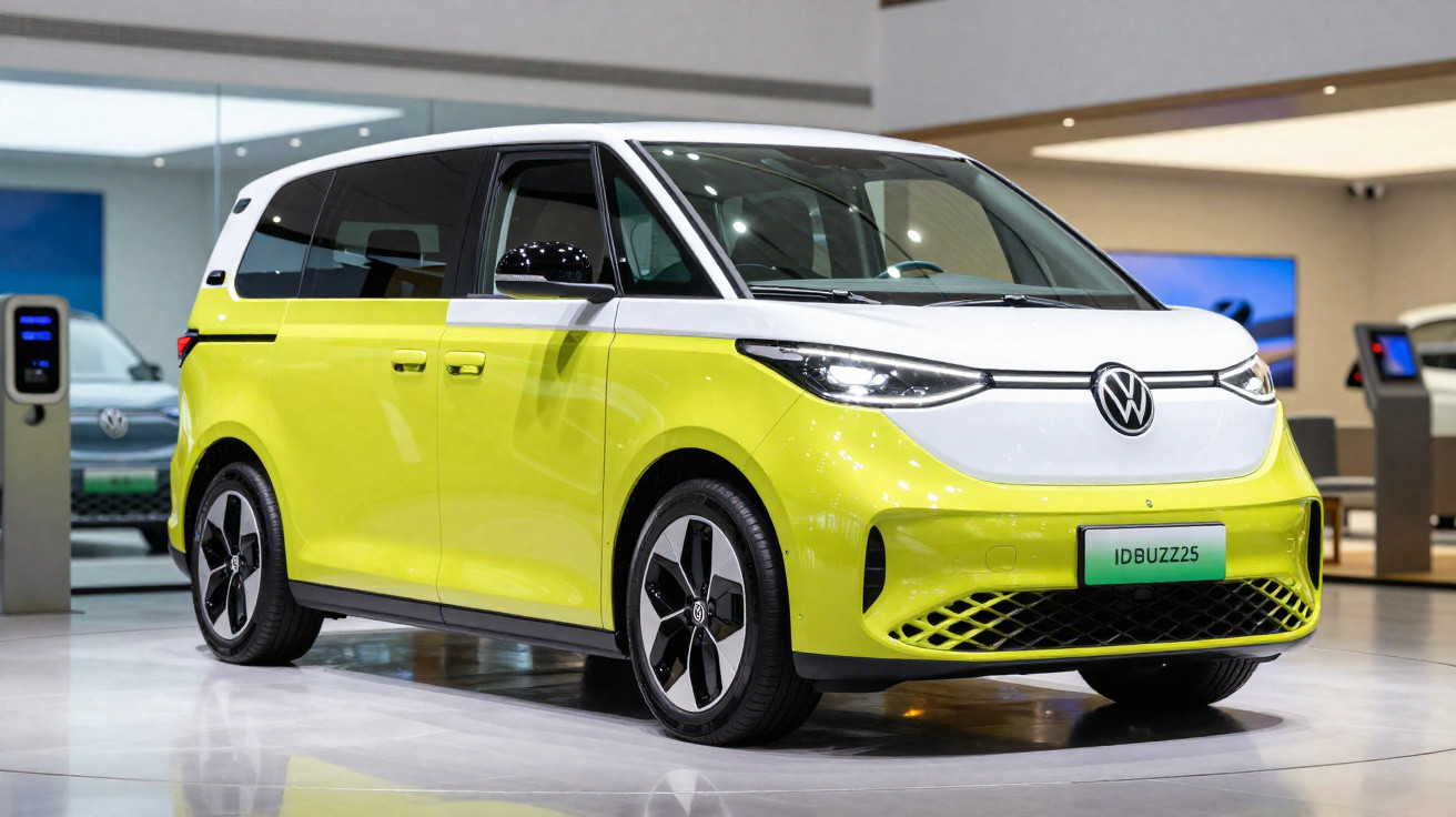 Carro elétrico Volkswagen ID.Buzz 2025 em amarelo e branco exibido em salão automotivo moderno.