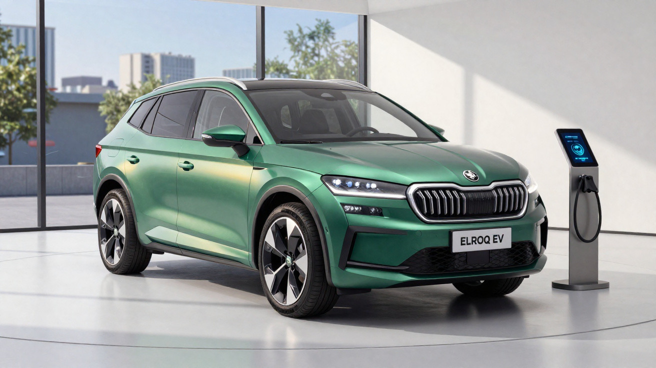 Carro elétrico verde Škoda Elroq EV em exposição ao lado de carregador em ambiente moderno.