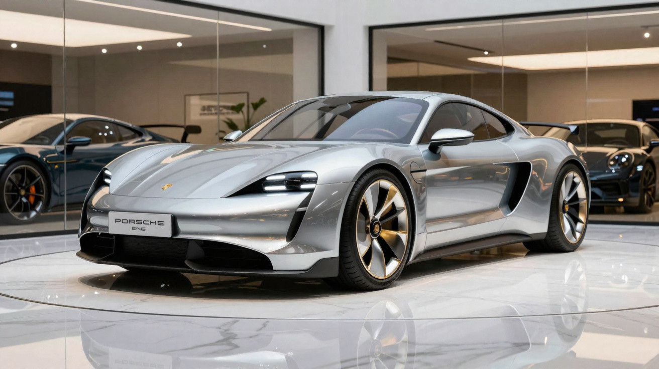 Carro esportivo Porsche prata em showroom moderno com piso espelhado e paredes de vidro.