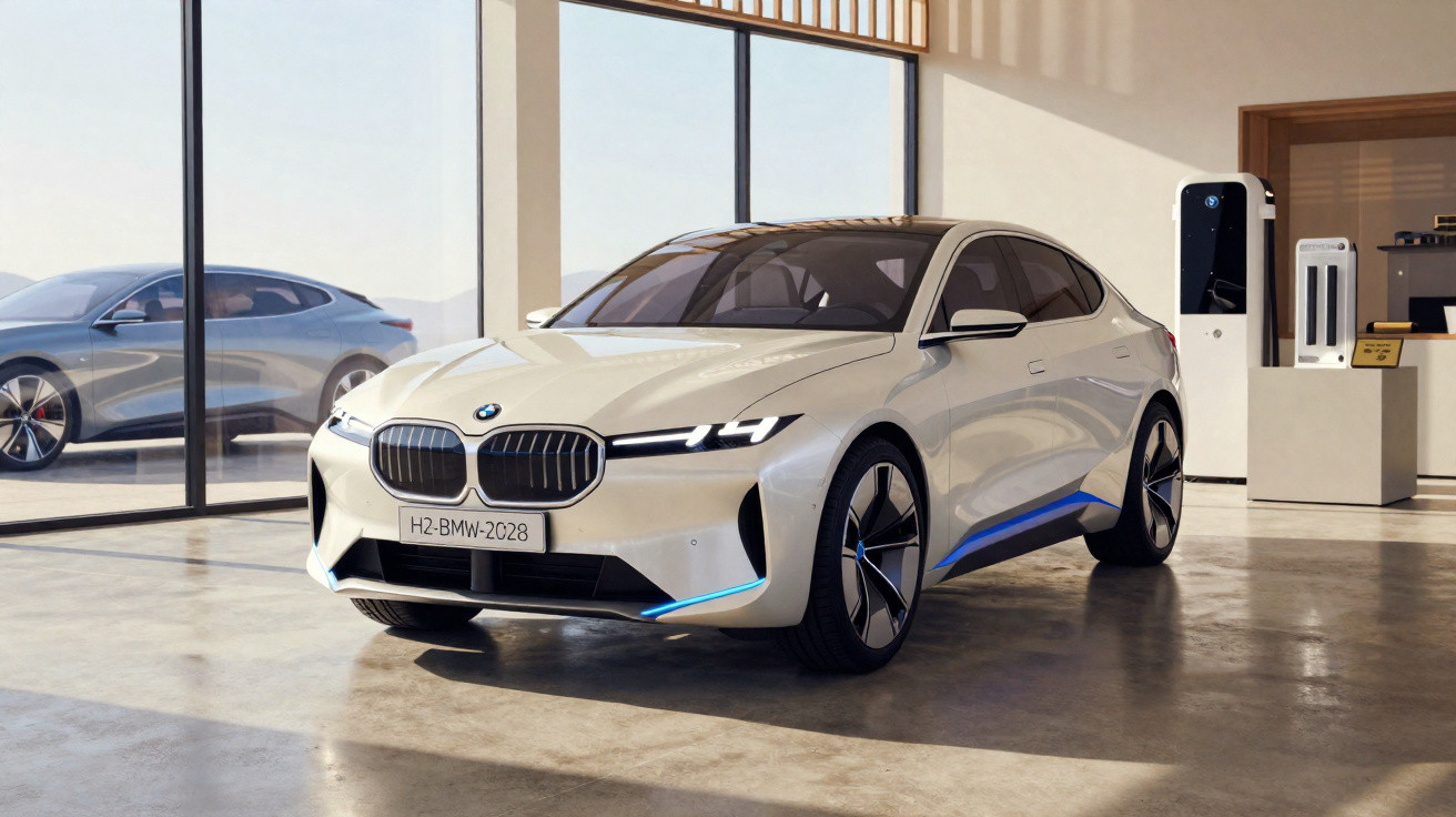 Carro elétrico branco BMW estacionado em showroom moderno com carregador ao fundo.