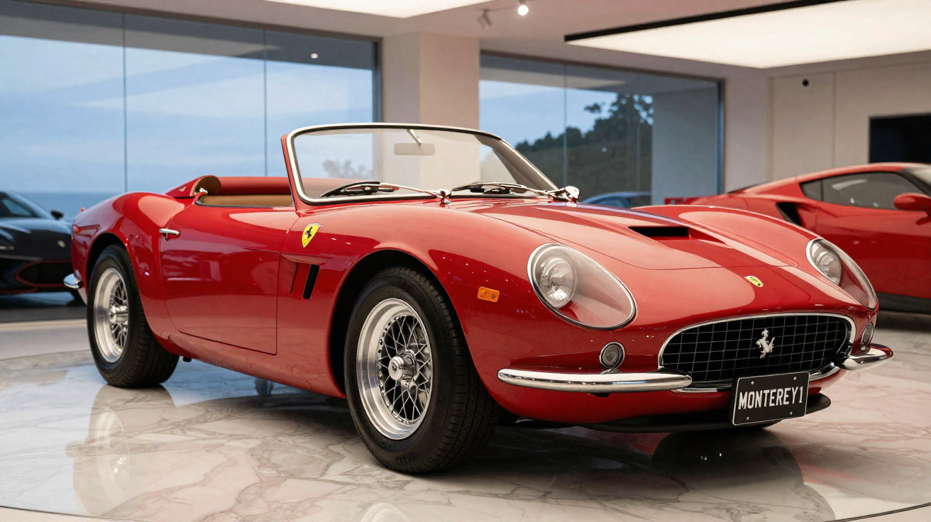 Carro esportivo conversível clássico vermelho com logo da Ferrari em showroom iluminado.