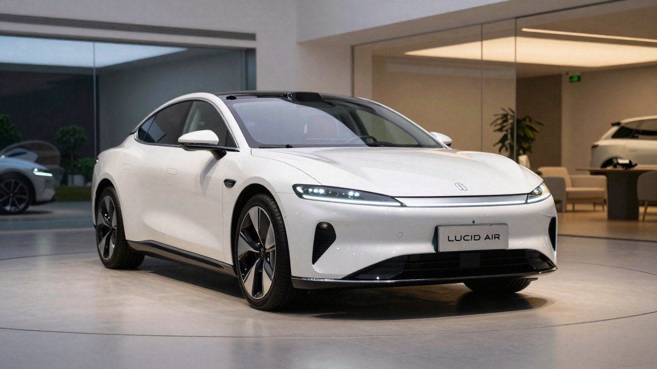 Carro elétrico branco Lucid Air exibido em ambiente interno moderno e iluminado.