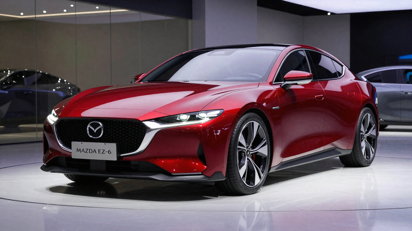 Carro sedan esportivo vermelho Mazda EZ-6 em exposição com rodas grandes e faróis acesos.