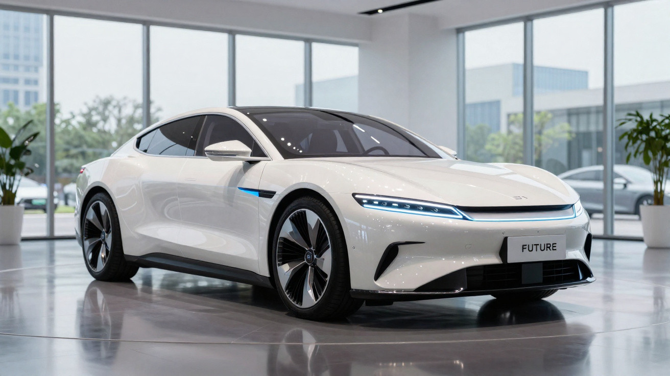 Carro elétrico branco futurista exibido em showroom moderno com piso refletivo.