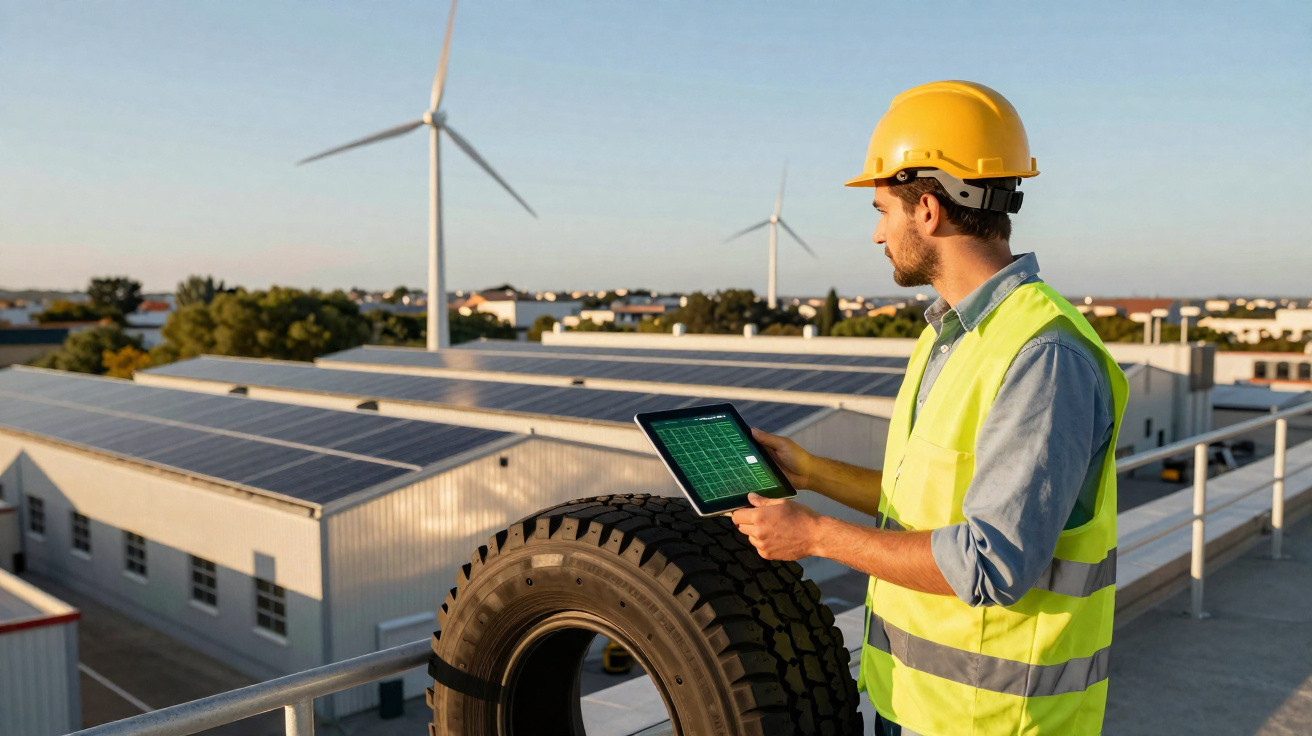 Engenheiro com capacete e colete refletivo verifica energia renovável em painel solar com turbinas eólicas ao fundo.