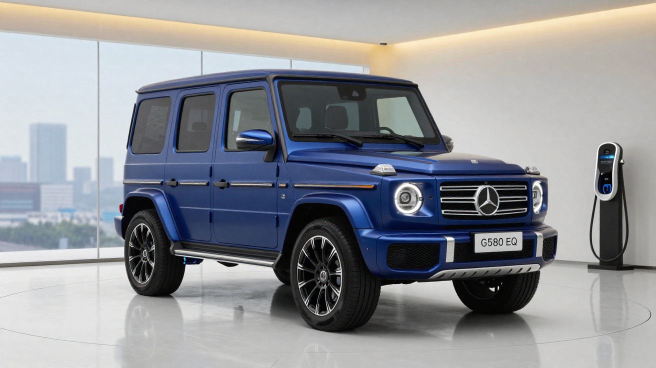 SUV elétrico Mercedes-Benz G580 EQ azul estacionado em ambiente interno com carregador ao fundo.