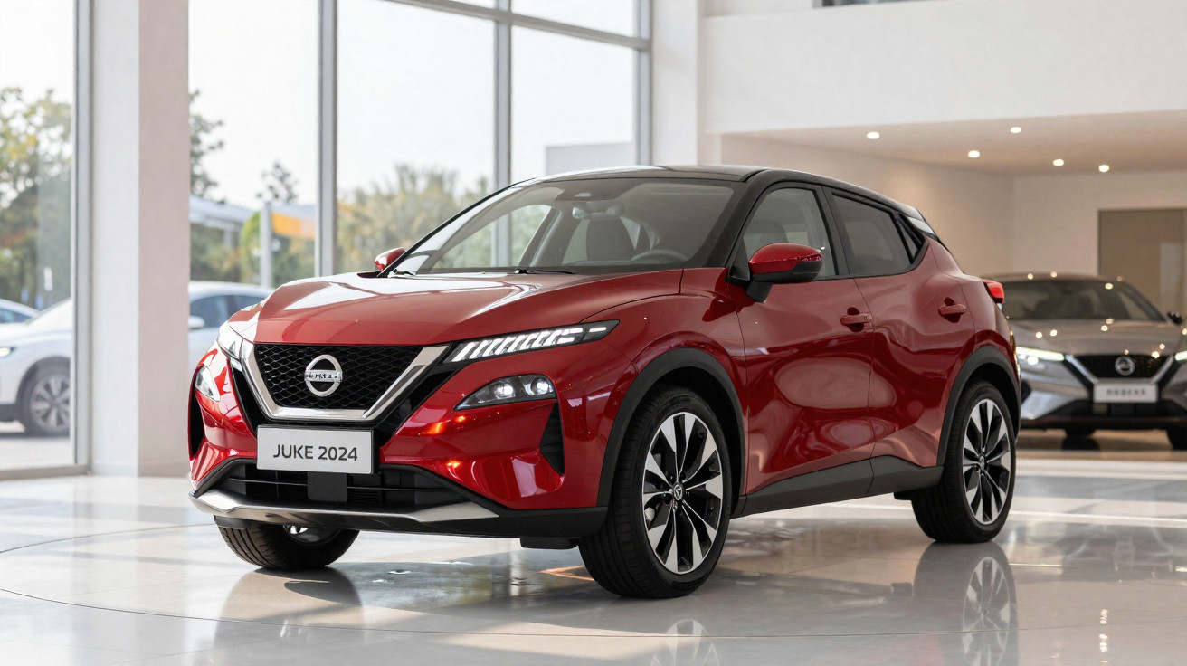 Carro SUV vermelho Nissan Juke 2024 em exposição dentro de showroom moderno e iluminado.