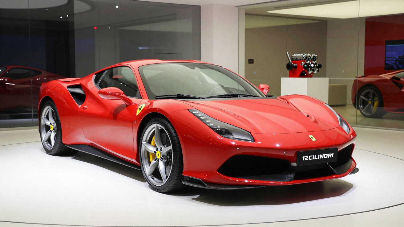 Carro esportivo vermelho Ferrari exibido em ambiente interno moderno com motor em destaque ao fundo.