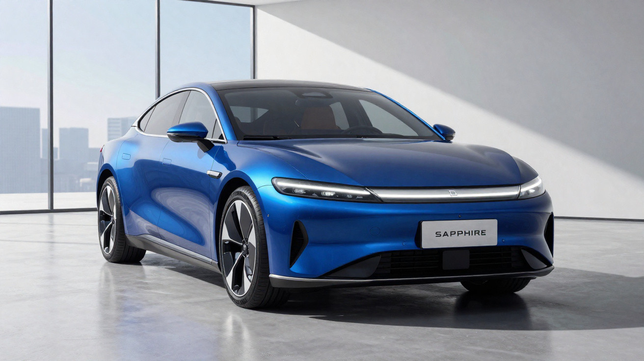 Carro esportivo elétrico azul modelo Sapphire em showroom moderno com janelas amplas e piso refletivo.