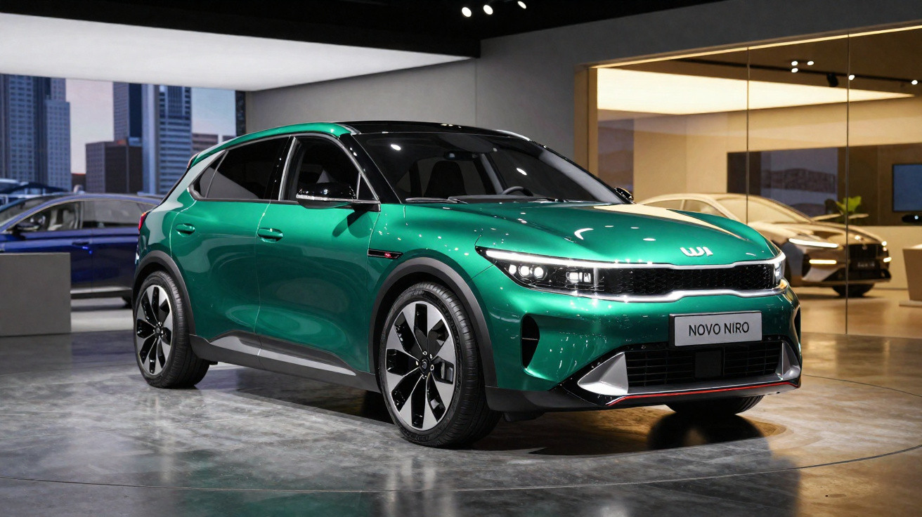 Carro verde Kia Novo Niro estacionado em sala moderna com paredes de vidro e iluminação suave.