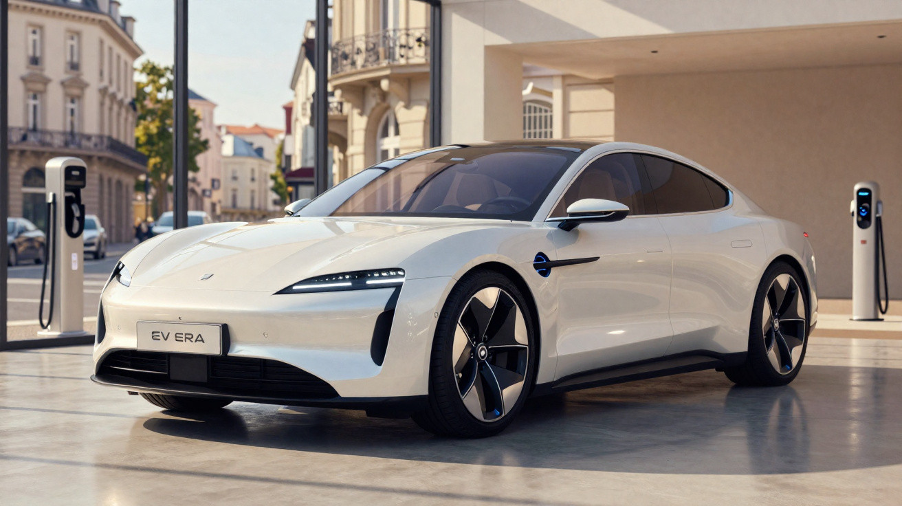 Carro elétrico branco com design futurista estacionado em área urbana moderna, modelo EV ERA.