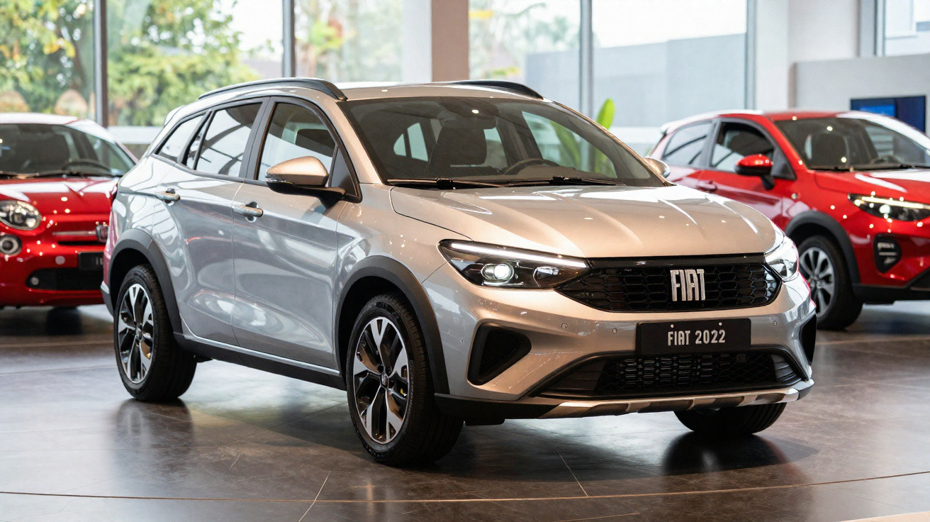 Carro Fiat 2022 prata exibido em showroom com outros carros ao fundo, iluminado por luz natural.