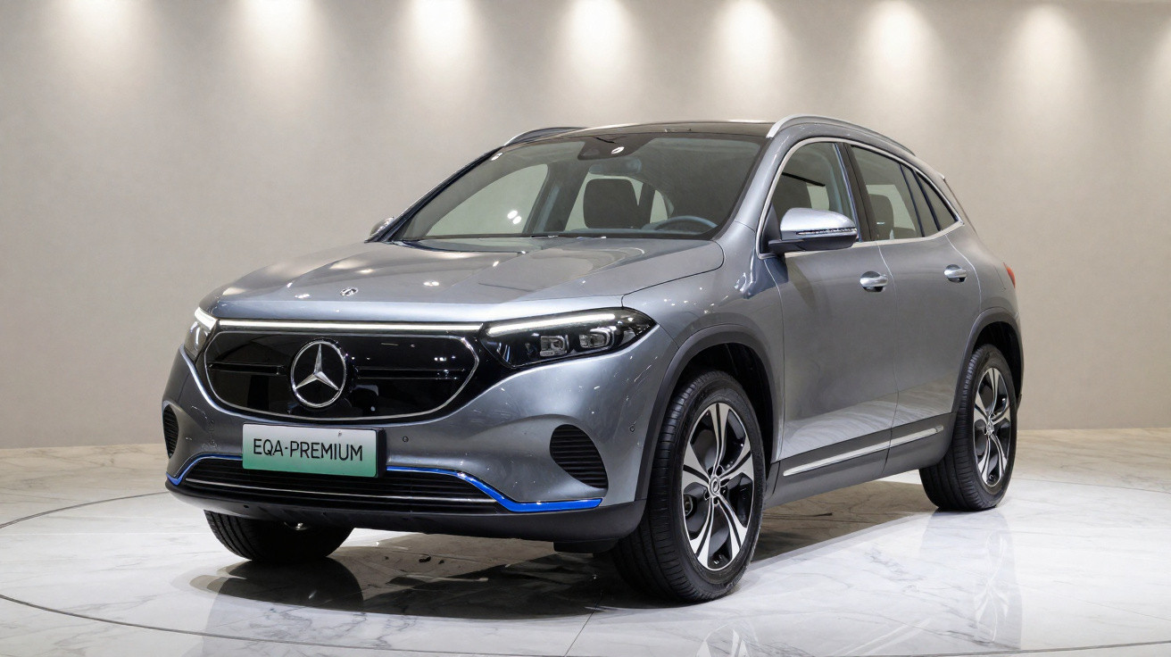 Carro SUV elétrico Mercedes-Benz EQA Premium prata em ambiente interno com piso de mármore branco.