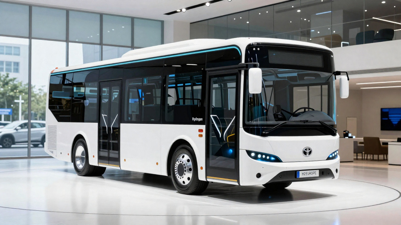 Ônibus branco moderno exposto em ambiente interno com grandes janelas e iluminação artificial.