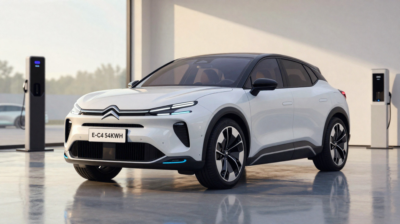 Carro elétrico Citroën E-C4 branco em ambiente interno com estação de recarga ao fundo.