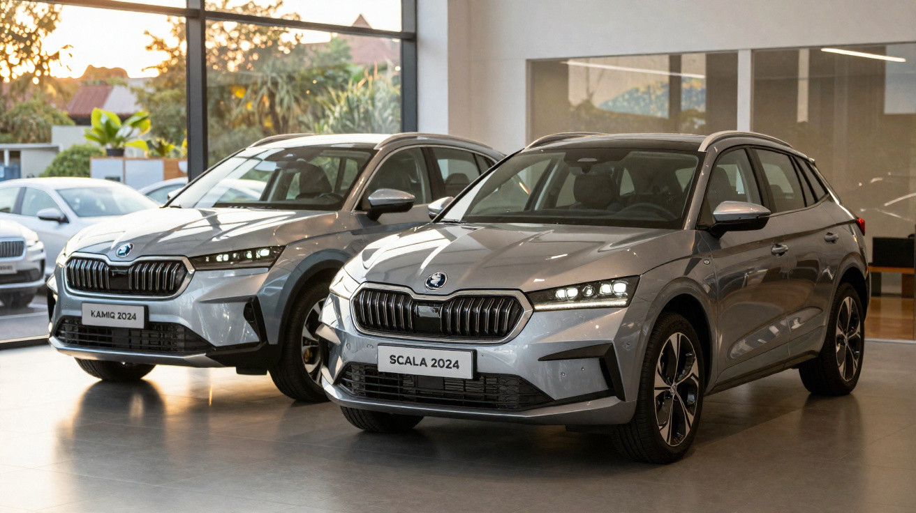 Dois carros Škoda cinza modelo 2024, Scala e Kamiq, expostos em sala com grandes janelas.