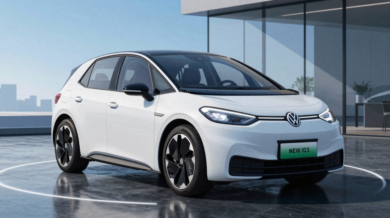 Carro elétrico Volkswagen ID.3 branco com teto preto estacionado em ambiente moderno e iluminado.
