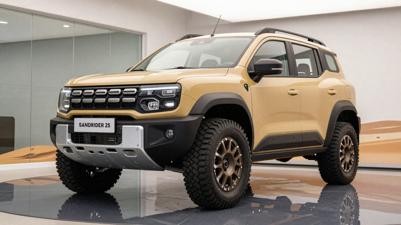 SUV SandRider 25 bege com pneus off-road exibido em ambiente interno moderno e iluminado.