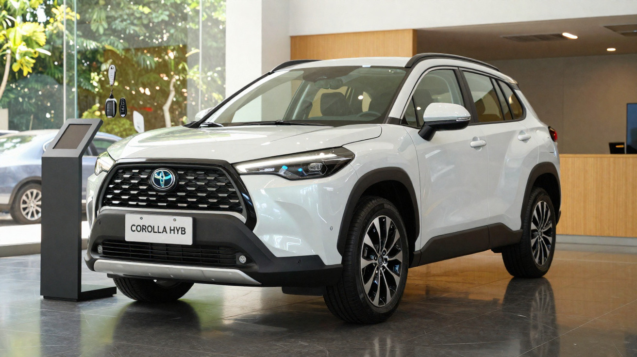 Carro SUV branco Toyota Corolla híbrido estacionado em ambiente interno com árvore ao fundo.