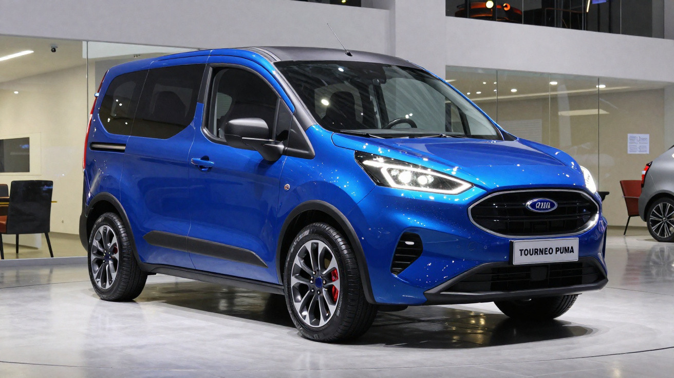 Carro SUV Ford Tourneo Puma azul estacionado em salão de exposição moderno.