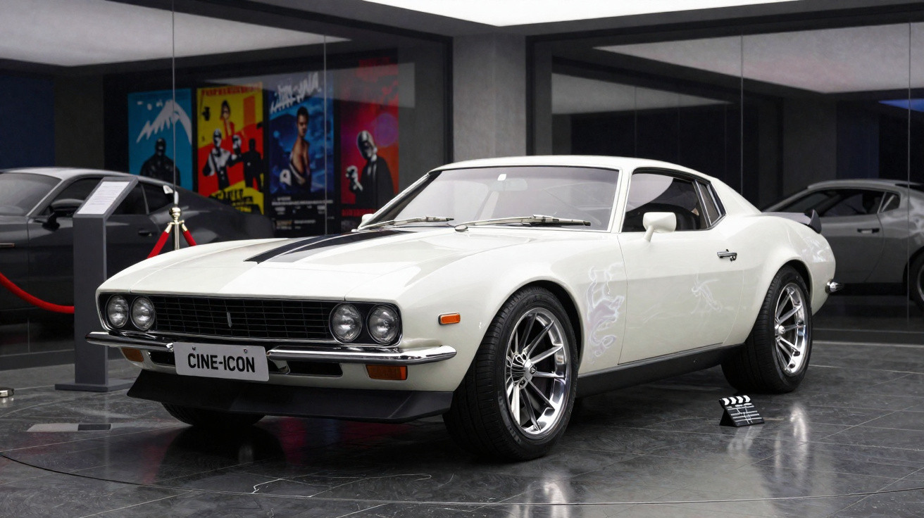 Carro esportivo branco com design clássico em exibição dentro de showroom moderno.