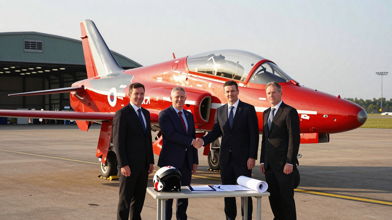 Quatro homens de terno ao lado de mesa com capacete, junto a avião vermelho em pista de aeroporto.