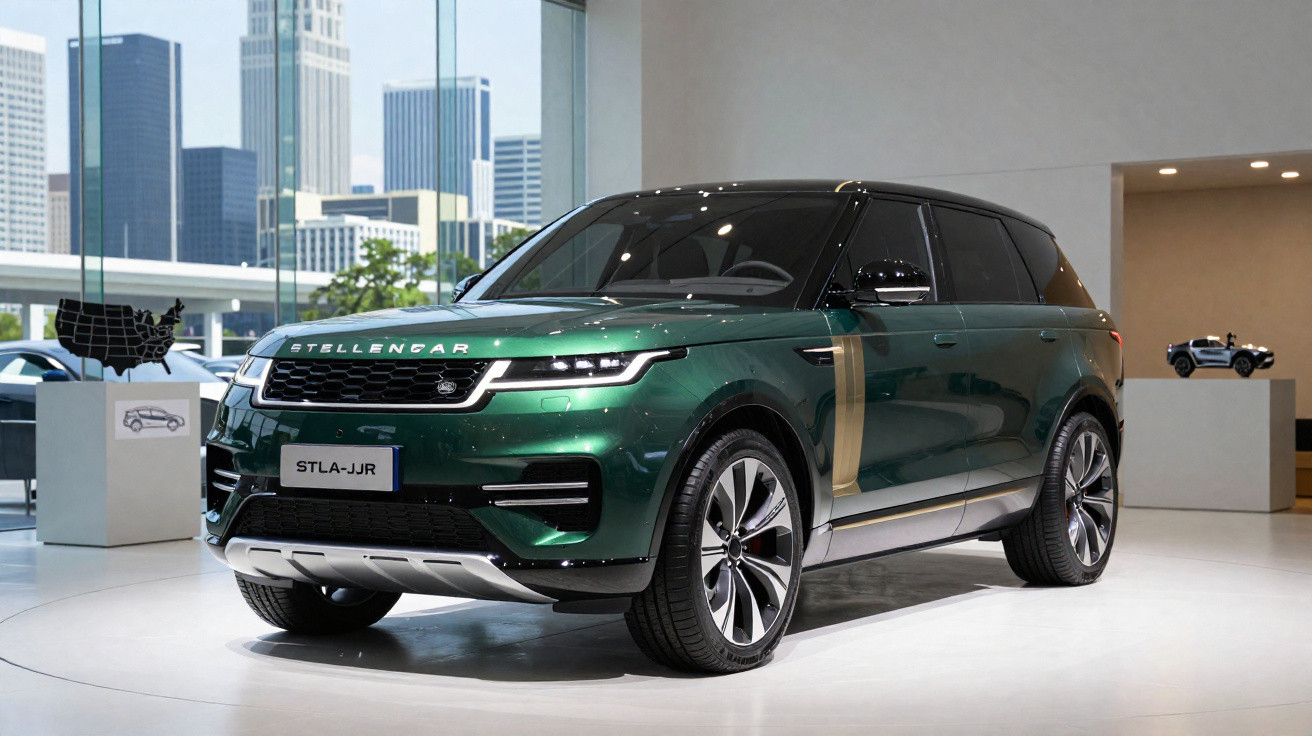SUV verde escuro estacionado em exposição com janelas amplas e prédios ao fundo.