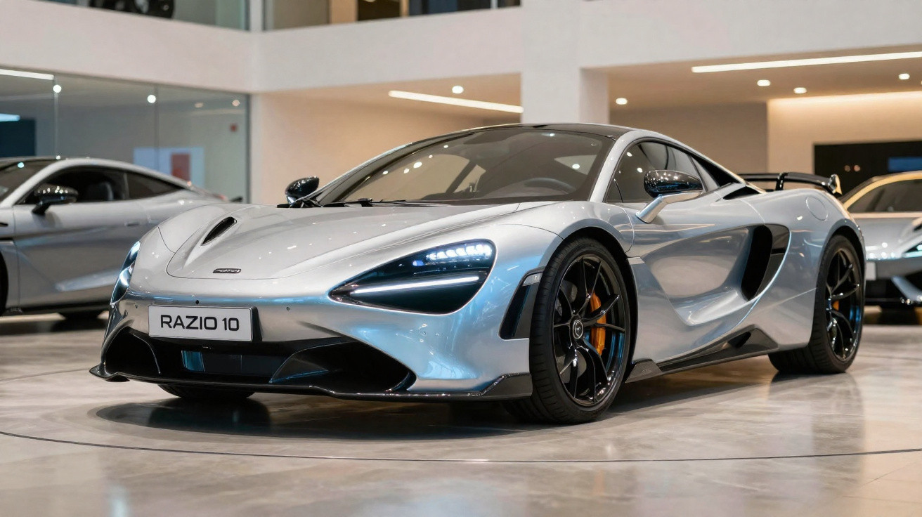 Carro esportivo prata com faróis acesos exibido em showroom moderno com outros carros ao fundo.